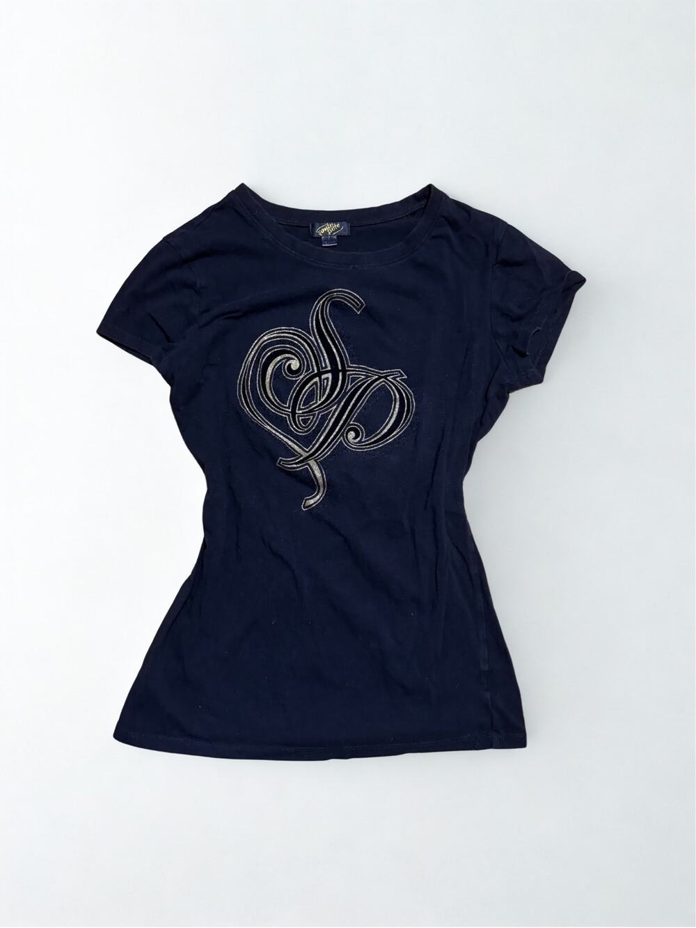 Vtg Y2K Southpole Black Fitted Tee Gold Velvet Logo Applique Size S